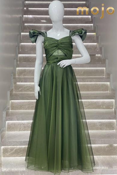 Erkut Abiye Düşük Kol Tafta Kumaş Uzun Abiye Elbise 643 Yeşil