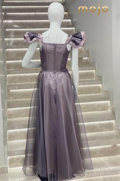 Erkut Abiye Düşük Kol Tafta Kumaş Uzun Abiye Elbise 643 Lila