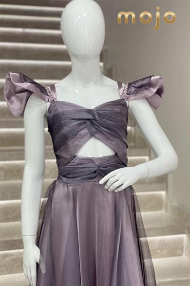 Erkut Abiye Düşük Kol Tafta Kumaş Uzun Abiye Elbise 643 Lila