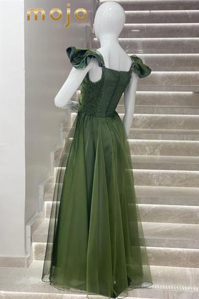 Erkut Abiye Düşük Kol Tafta Kumaş Uzun Abiye Elbise 643 Yeşil