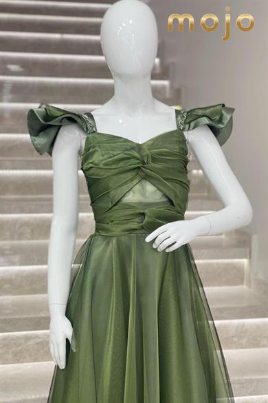 Erkut Abiye Düşük Kol Tafta Kumaş Uzun Abiye Elbise 643 Yeşil