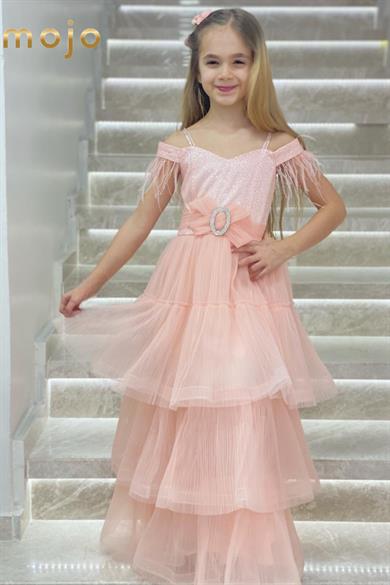 Erkut Abiye Düşük Kol Tokalı Kat Kat Etekli Abiye Elbise 629 Pudra