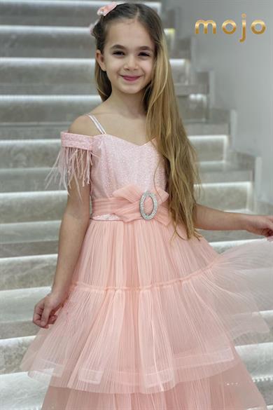 Erkut Abiye Düşük Kol Tokalı Kat Kat Etekli Abiye Elbise 629 Pudra