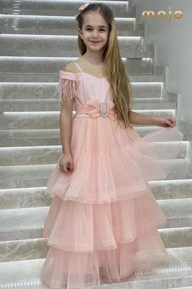 Erkut Abiye Düşük Kol Tokalı Kat Kat Etekli Abiye Elbise 629 Pudra