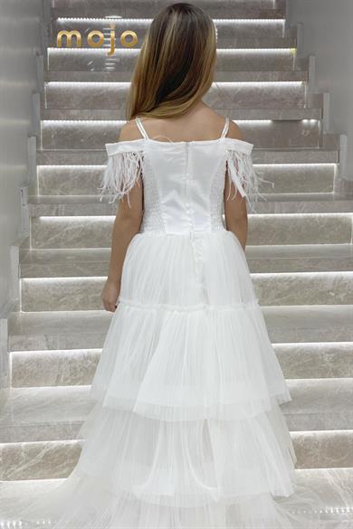 Erkut Abiye Düşük Kol Tokalı Kat Kat Etekli Abiye Elbise 624 Krem