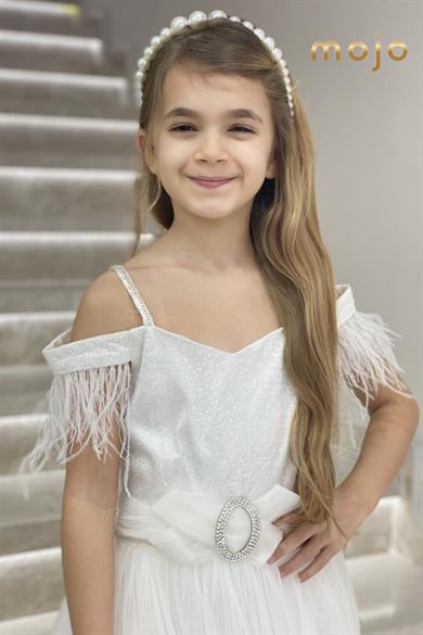 Erkut Abiye Düşük Kol Tokalı Kat Kat Etekli Abiye Elbise 624 Krem