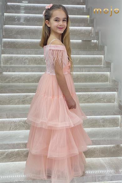 Erkut Abiye Düşük Kol Tokalı Kat Kat Etekli Abiye Elbise 629 Pudra