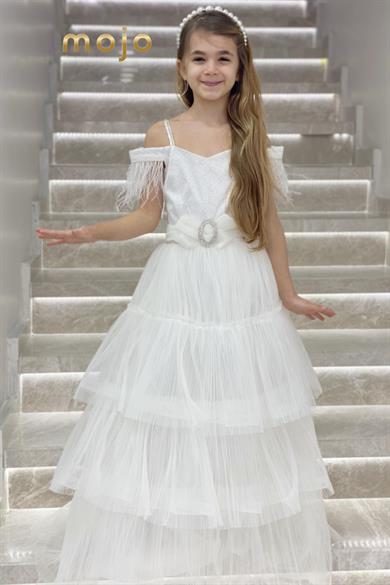 Erkut Abiye Düşük Kol Tokalı Kat Kat Etekli Abiye Elbise 624 Krem