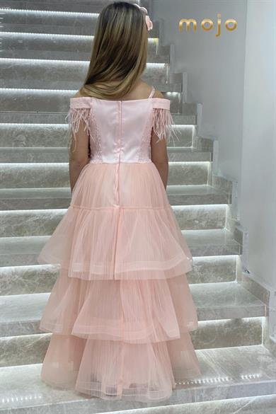 Erkut Abiye Düşük Kol Tokalı Kat Kat Etekli Abiye Elbise 629 Pudra