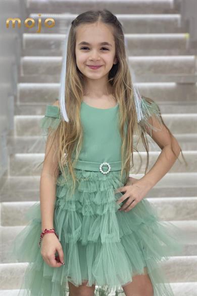 Erkut Abiye Düşük Kol Tokalı Önü Kısa Arkası Uzun Abiye Elbise 660 Yeşil