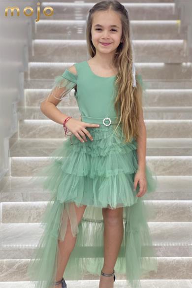 Erkut Abiye Düşük Kol Tokalı Önü Kısa Arkası Uzun Abiye Elbise 660 Yeşil