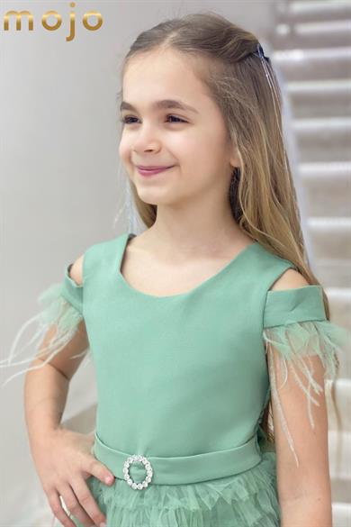 Erkut Abiye Düşük Kol Tokalı Önü Kısa Arkası Uzun Abiye Elbise 660 Yeşil