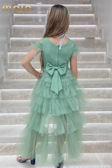 Erkut Abiye Düşük Kol Tokalı Önü Kısa Arkası Uzun Abiye Elbise 660 Yeşil