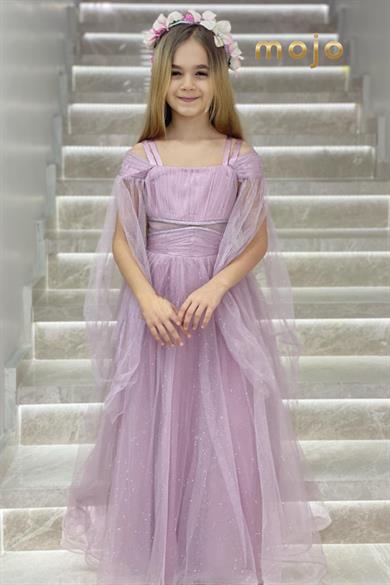 Erkut Abiye Kız Çocuk Düşük Omuz Kolu Tüllü Uzun Abiye Elbise 680 Lila