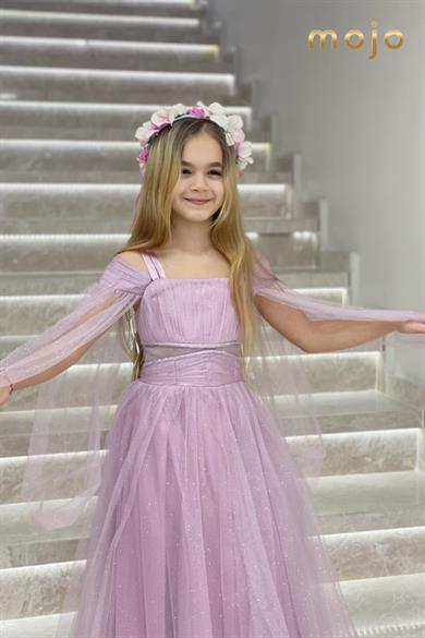 Erkut Abiye Kız Çocuk Düşük Omuz Kolu Tüllü Uzun Abiye Elbise 680 Lila