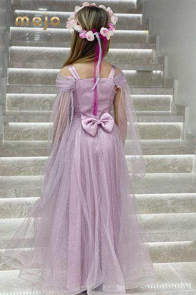 Erkut Abiye Kız Çocuk Düşük Omuz Kolu Tüllü Uzun Abiye Elbise 680 Lila