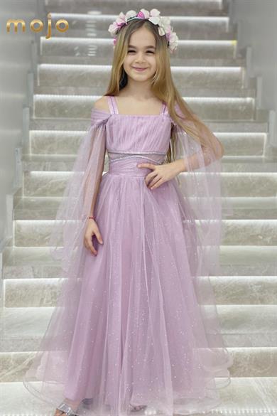 Erkut Abiye Kız Çocuk Düşük Omuz Kolu Tüllü Uzun Abiye Elbise 680 Lila