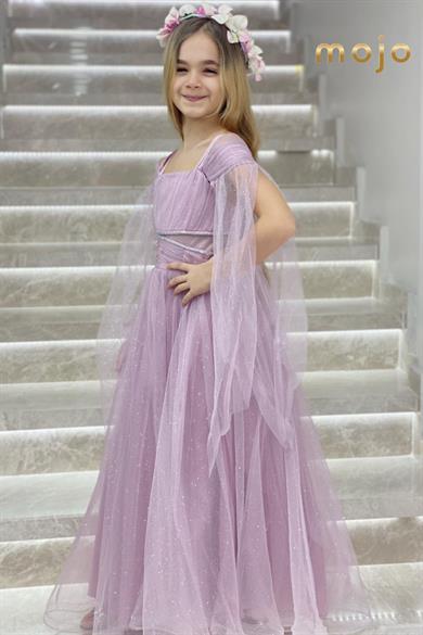 Erkut Abiye Kız Çocuk Düşük Omuz Kolu Tüllü Uzun Abiye Elbise 680 Lila