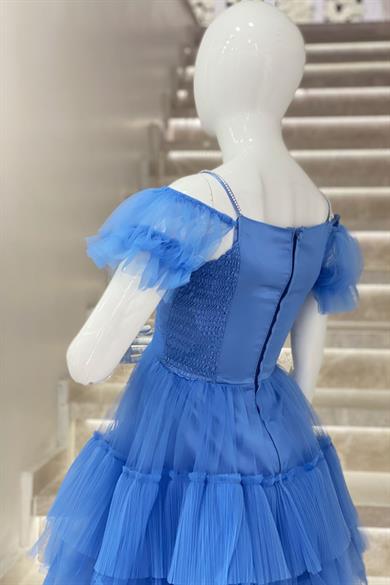 Erkut Abiye Kız Çocuk Düşük Omuz Önü Kısa Arkası Uzun Abiye 661 İndigo