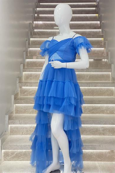 Erkut Abiye Kız Çocuk Düşük Omuz Önü Kısa Arkası Uzun Abiye 661 İndigo