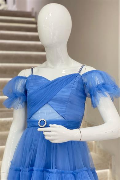 Erkut Abiye Kız Çocuk Düşük Omuz Önü Kısa Arkası Uzun Abiye 661 İndigo