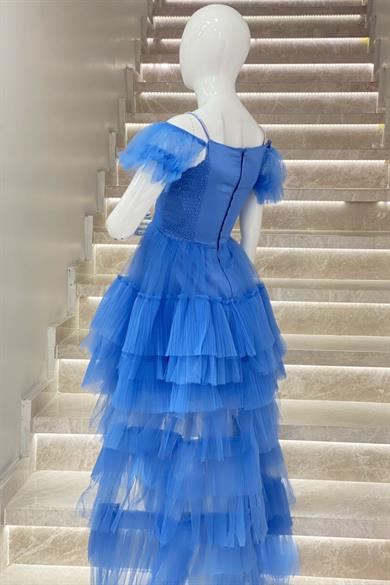 Erkut Abiye Kız Çocuk Düşük Omuz Önü Kısa Arkası Uzun Abiye 661 İndigo