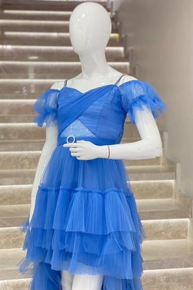 Erkut Abiye Kız Çocuk Düşük Omuz Önü Kısa Arkası Uzun Abiye 661 İndigo