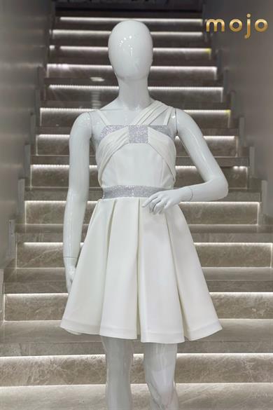 Erkut Abiye Taş İşlemeli Tek Omuz Saten Abiye Elbise 610 Krem