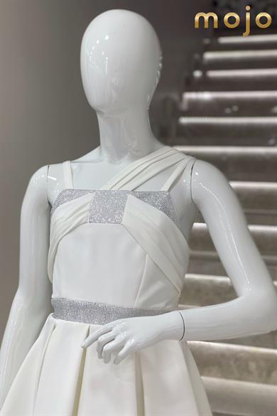 Erkut Abiye Taş İşlemeli Tek Omuz Saten Abiye Elbise 610 Krem