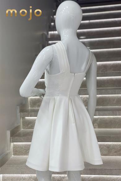 Erkut Abiye Taş İşlemeli Tek Omuz Saten Abiye Elbise 610 Krem