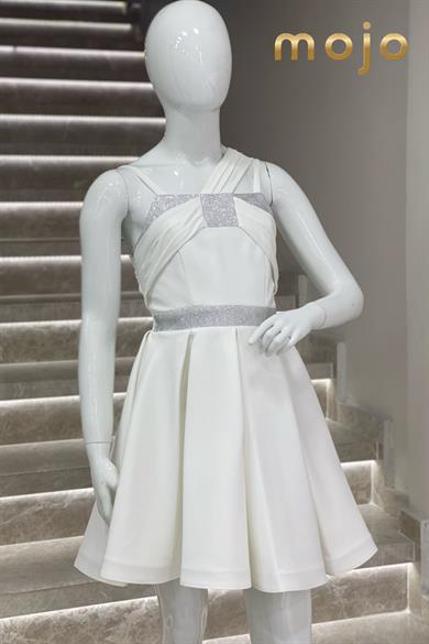 Erkut Abiye Taş İşlemeli Tek Omuz Saten Abiye Elbise 610 Krem