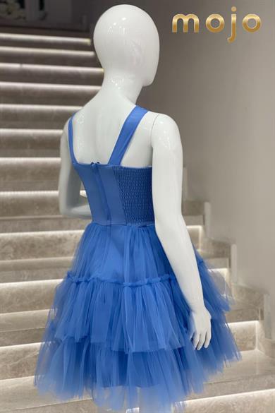 Erkut Abiye Taş İşlemeli Tül Askılı Kısa Abiye Elbise 653 İndigo