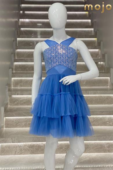 Erkut Abiye Taş İşlemeli Tül Askılı Kısa Abiye Elbise 653 İndigo