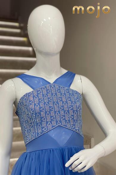 Erkut Abiye Taş İşlemeli Tül Askılı Kısa Abiye Elbise 653 İndigo