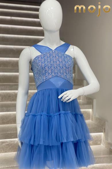 Erkut Abiye Taş İşlemeli Tül Askılı Kısa Abiye Elbise 653 İndigo