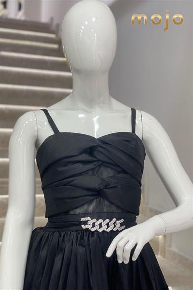 Erkut Abiye Taş Kemer Detaylı Önü Kısa Arkası Uzun Abiye Elbise 657 Siyah