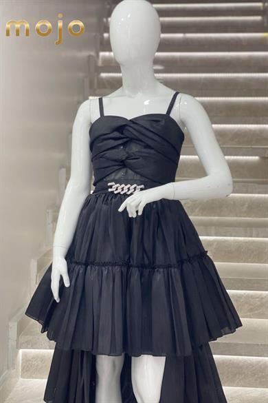 Erkut Abiye Taş Kemer Detaylı Önü Kısa Arkası Uzun Abiye Elbise 657 Siyah