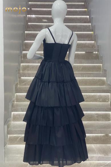 Erkut Abiye Taş Kemer Detaylı Önü Kısa Arkası Uzun Abiye Elbise 657 Siyah