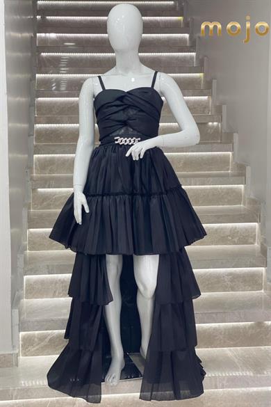 Erkut Abiye Taş Kemer Detaylı Önü Kısa Arkası Uzun Abiye Elbise 657 Siyah