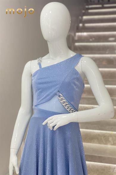 Erkut Abiye Tek Omuz Taş Aksesuarlı Uzun Abiye Elbise 659 İndigo