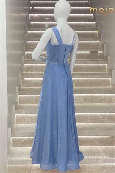 Erkut Abiye Tek Omuz Taş Aksesuarlı Uzun Abiye Elbise 659 İndigo