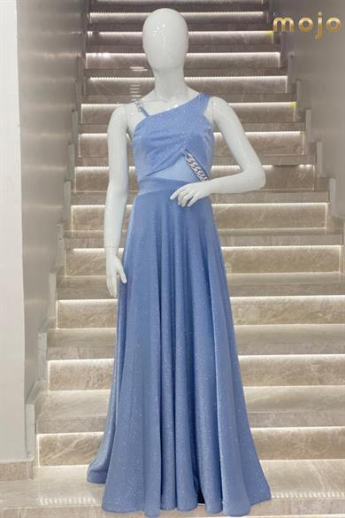 Erkut Abiye Tek Omuz Taş Aksesuarlı Uzun Abiye Elbise 659 İndigo