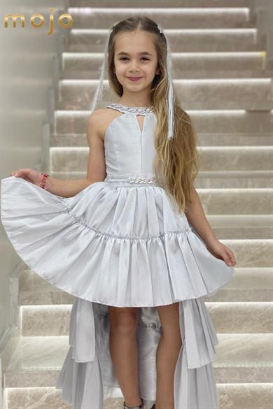 Erkut Abiye Yaka ve Kolu Taşlı Önü Kısa Arkası Uzun Abiye Elbise 648 Gümüş