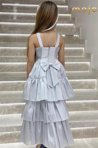 Erkut Abiye Yaka ve Kolu Taşlı Önü Kısa Arkası Uzun Abiye Elbise 648 Gümüş