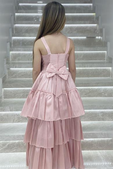 Erkut Abiye Yaka ve Kolu Taşlı Önü Kısa Arkası Uzun Abiye Elbise 648 Pudra