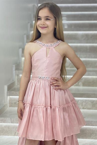 Erkut Abiye Yaka ve Kolu Taşlı Önü Kısa Arkası Uzun Abiye Elbise 648 Pudra