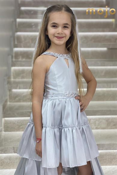 Erkut Abiye Yaka ve Kolu Taşlı Önü Kısa Arkası Uzun Abiye Elbise 648 Gümüş