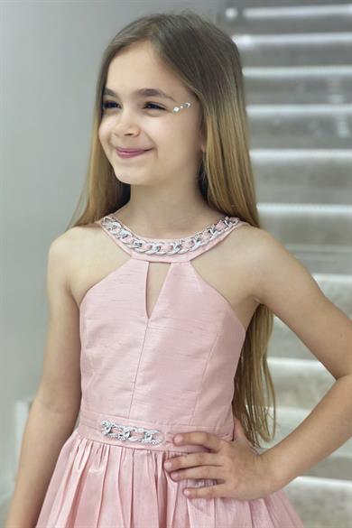 Erkut Abiye Yaka ve Kolu Taşlı Önü Kısa Arkası Uzun Abiye Elbise 648 Pudra