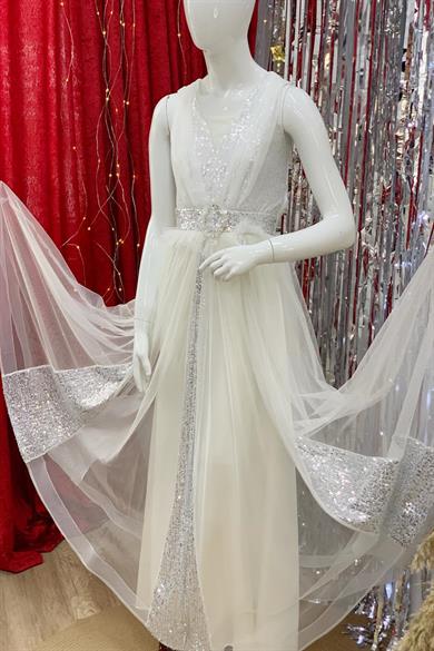 Erkut Bebe Kız Çocuk Payetli Uzun Abiye Elbise 376 Krem