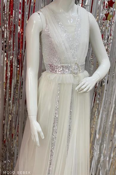 Erkut Bebe Kız Çocuk Payetli Uzun Abiye Elbise 376 Krem